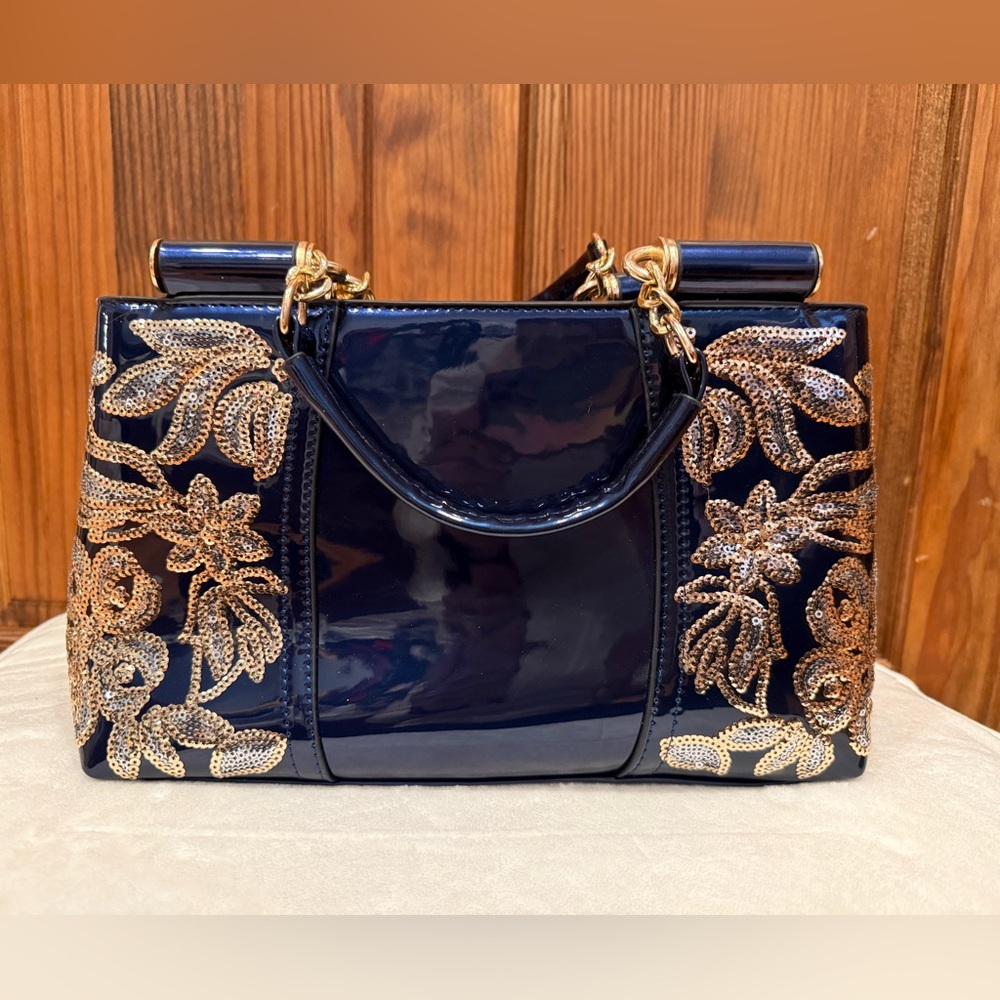 Nevenka Navy Blue PU Leather Gold Sequin Top Handle Designer Handbag